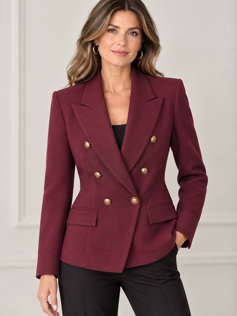 Double-Breasted Tailored Blazer Jacket in Burgundy
